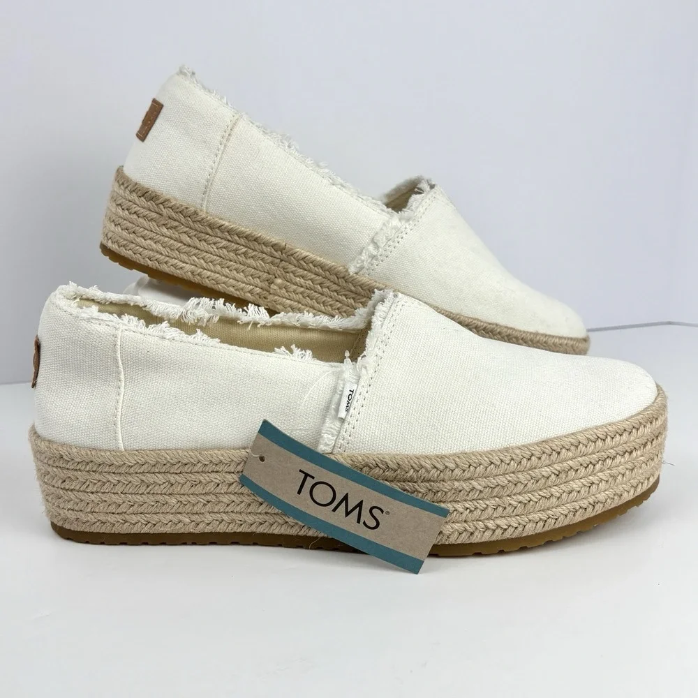 TOMS Valencia Platform Espadrille Slip On White Canvas Shoes 8 NWT Coastal